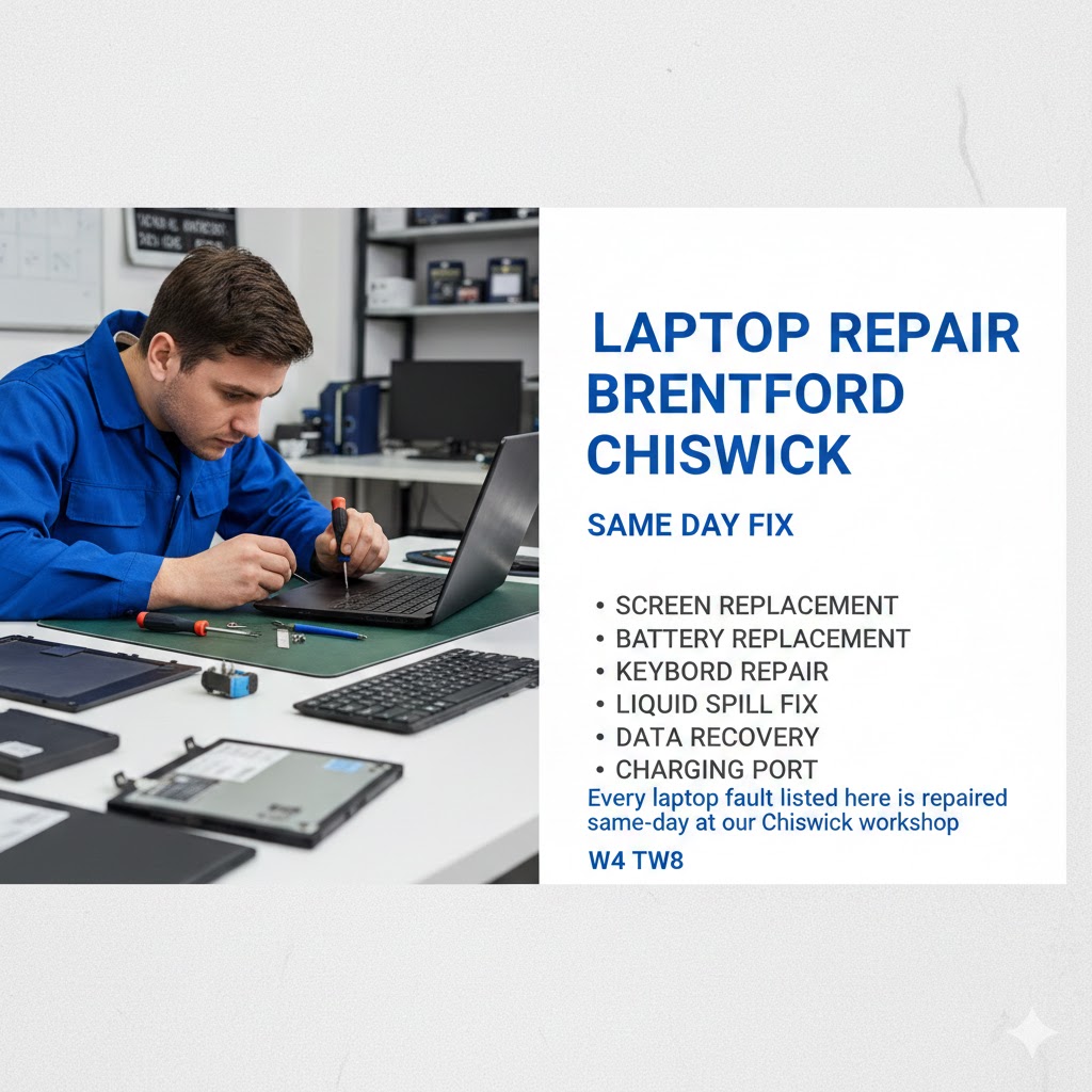 laptop repair Brentford Chiswick screen battery keyboard fix same day W4 TW8